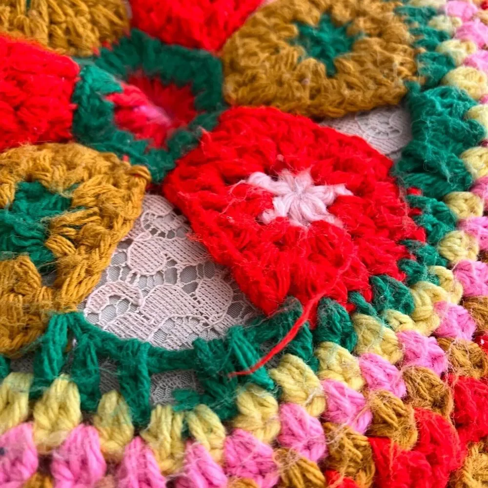 Vintage 70s Crochet Pillow Handmade Round Flower Power Fringe Floral 17 Inches
